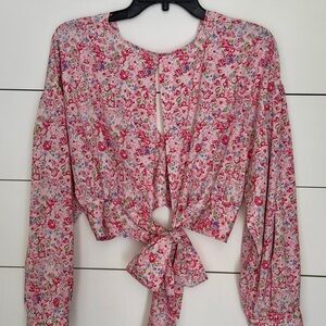entro Pink Floral Long Sleeve Crop Blouse with keyhole open tie in the back.